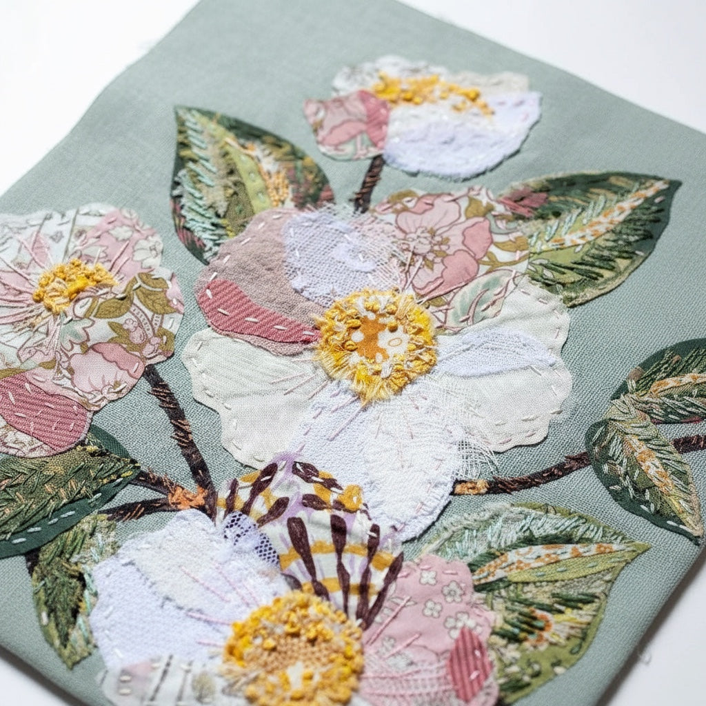 Patchwork with Busyfingers Sweet Grace slow stitching kit featuring floral applique on duck egg blue linen background