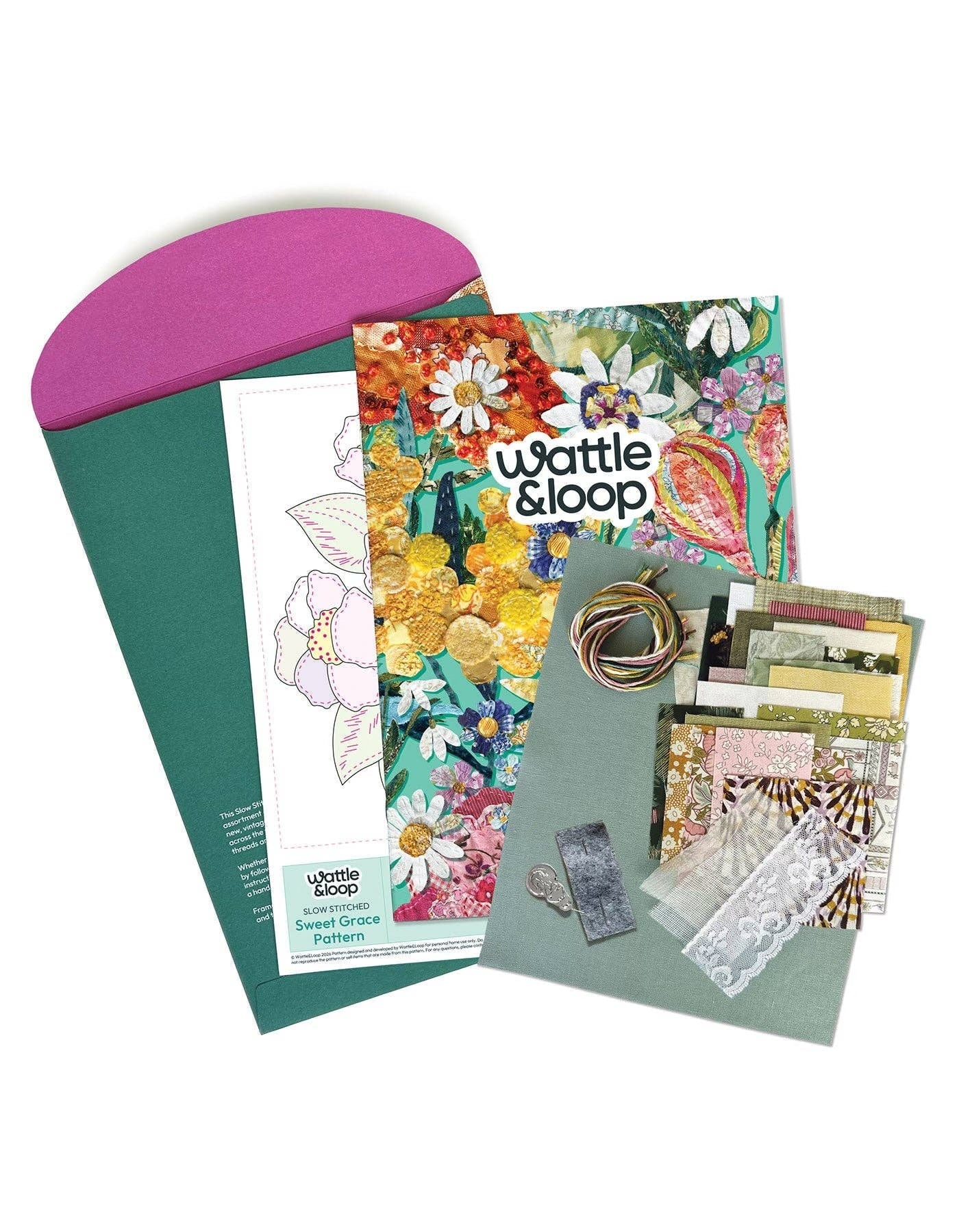 Patchwork with Busyfingers Sweet Grace slow stitching kit with Liberty fabrics, lace, embroidery threads, and pattern