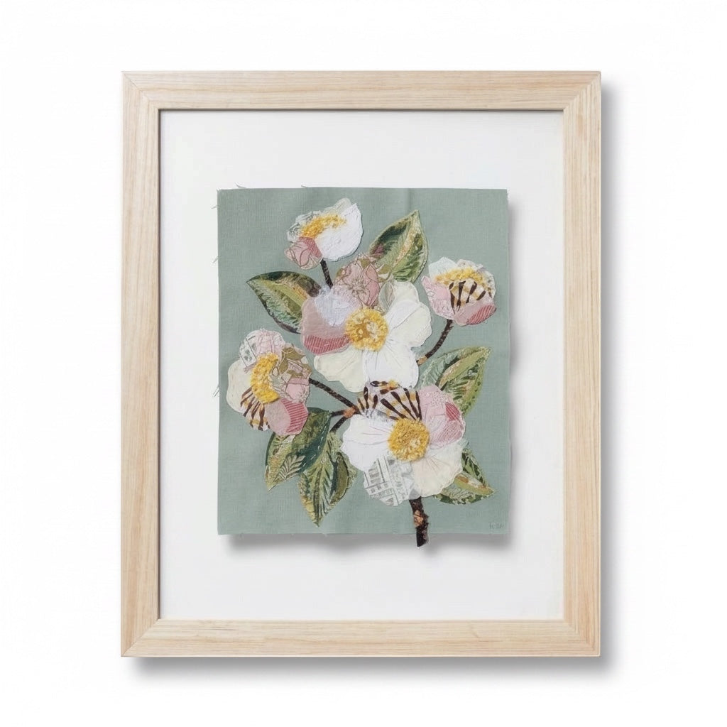 Patchwork with Busyfingers Sweet Grace slow stitching kit featuring floral fabric applique on duck egg blue linen.