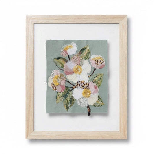 Patchwork with Busyfingers Sweet Grace slow stitching kit featuring floral fabric applique on duck egg blue linen.