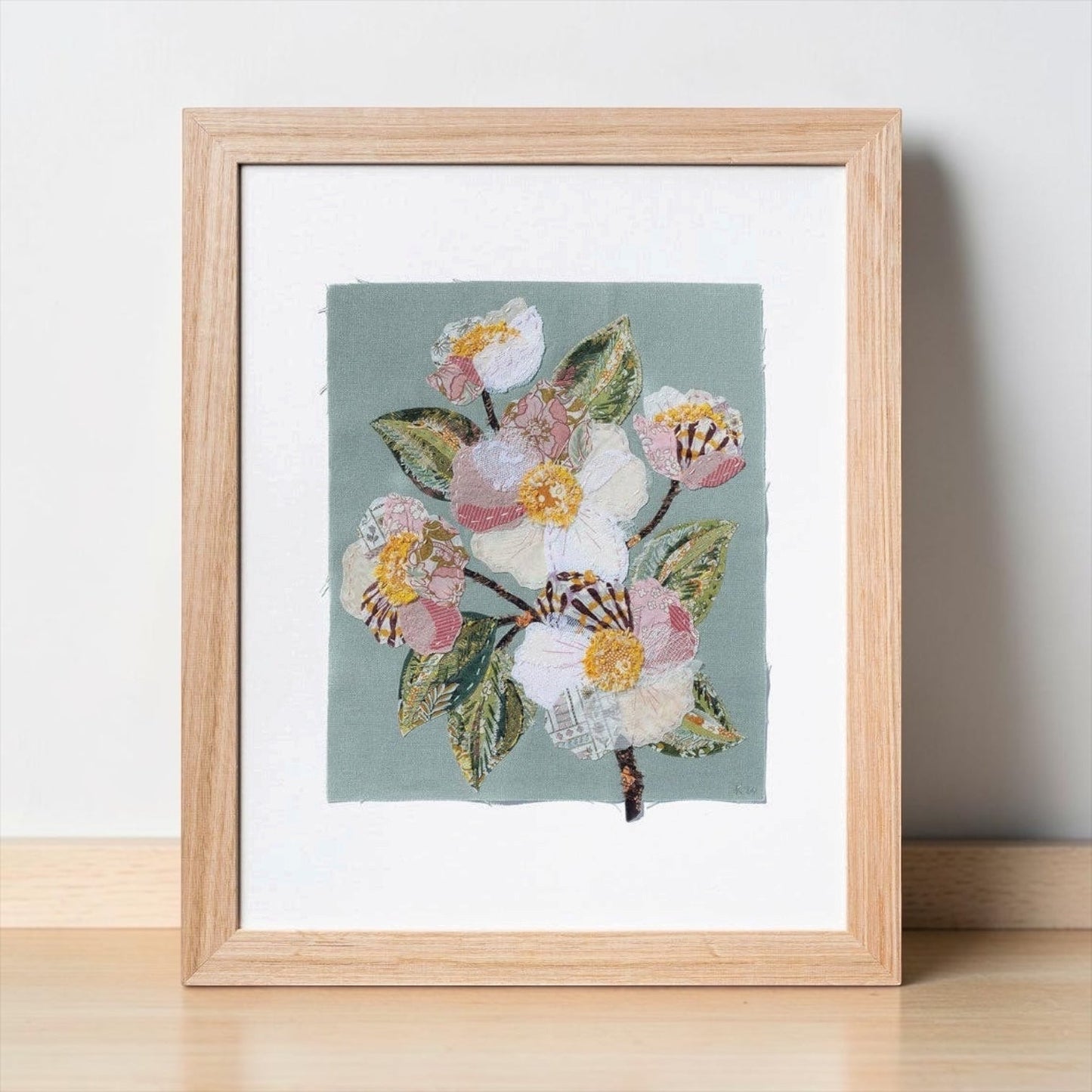 Patchwork with Busyfingers Sweet Grace slow stitching kit featuring a floral fabric collage on duck egg blue linen.