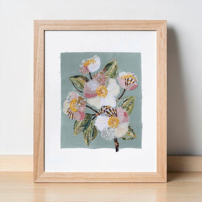 Patchwork with Busyfingers Sweet Grace slow stitching kit featuring a floral fabric collage on duck egg blue linen.