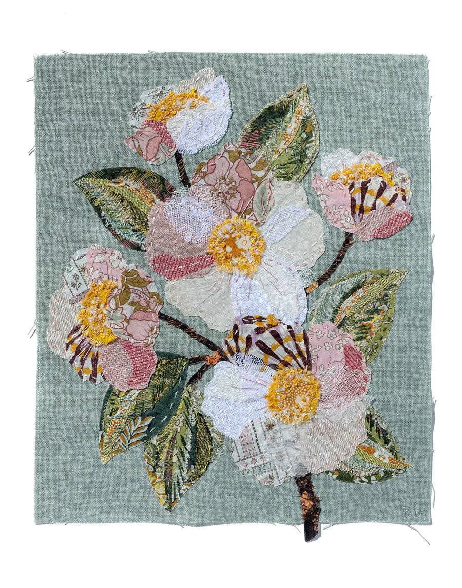 Patchwork with Busyfingers Sweet Grace slow stitching kit featuring floral applique on duck egg blue linen background