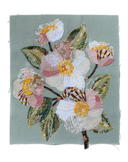 Patchwork with Busyfingers Sweet Grace slow stitching kit featuring floral applique on duck egg blue linen background