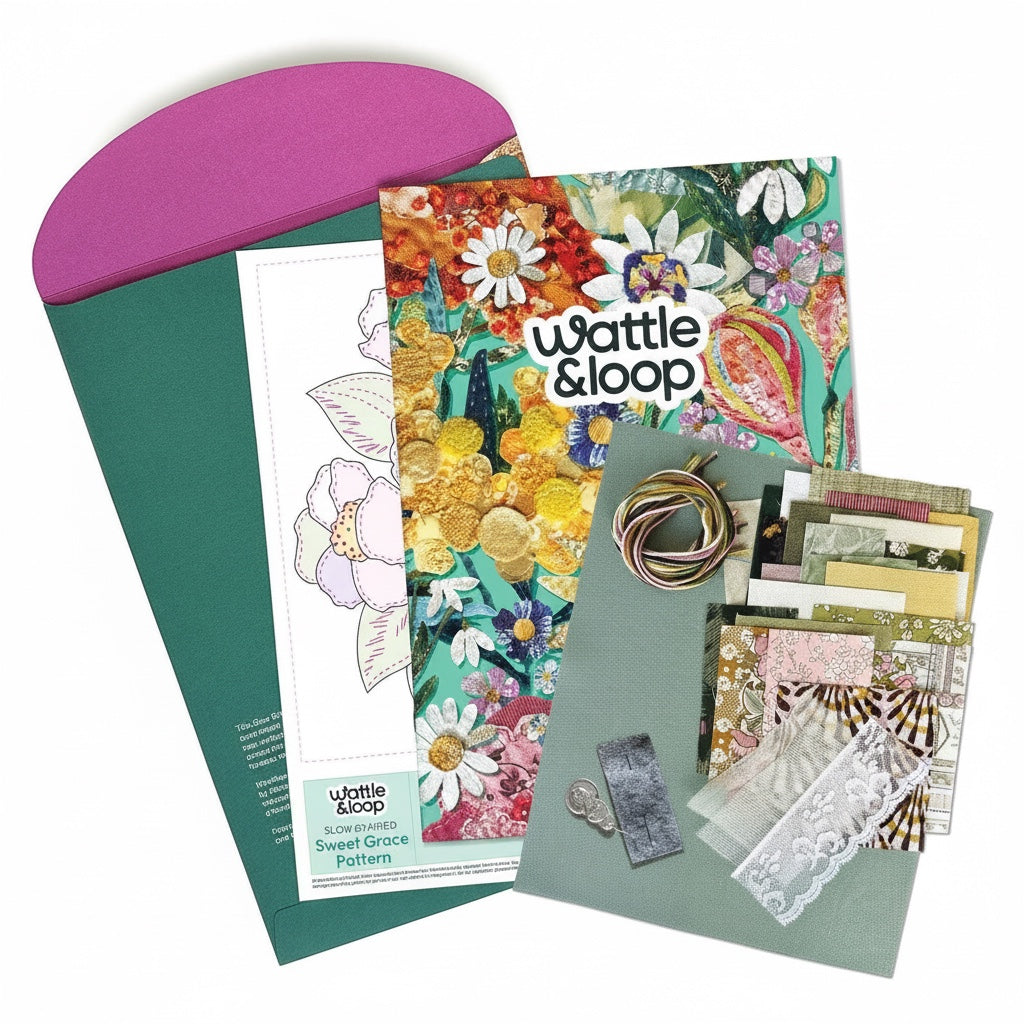 Patchwork with Busyfingers Sweet Grace slow stitching kit with Liberty fabrics, embroidery threads, and pattern.