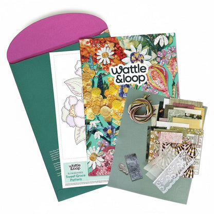 Patchwork with Busyfingers Sweet Grace slow stitching kit with Liberty fabrics, embroidery threads, and pattern.