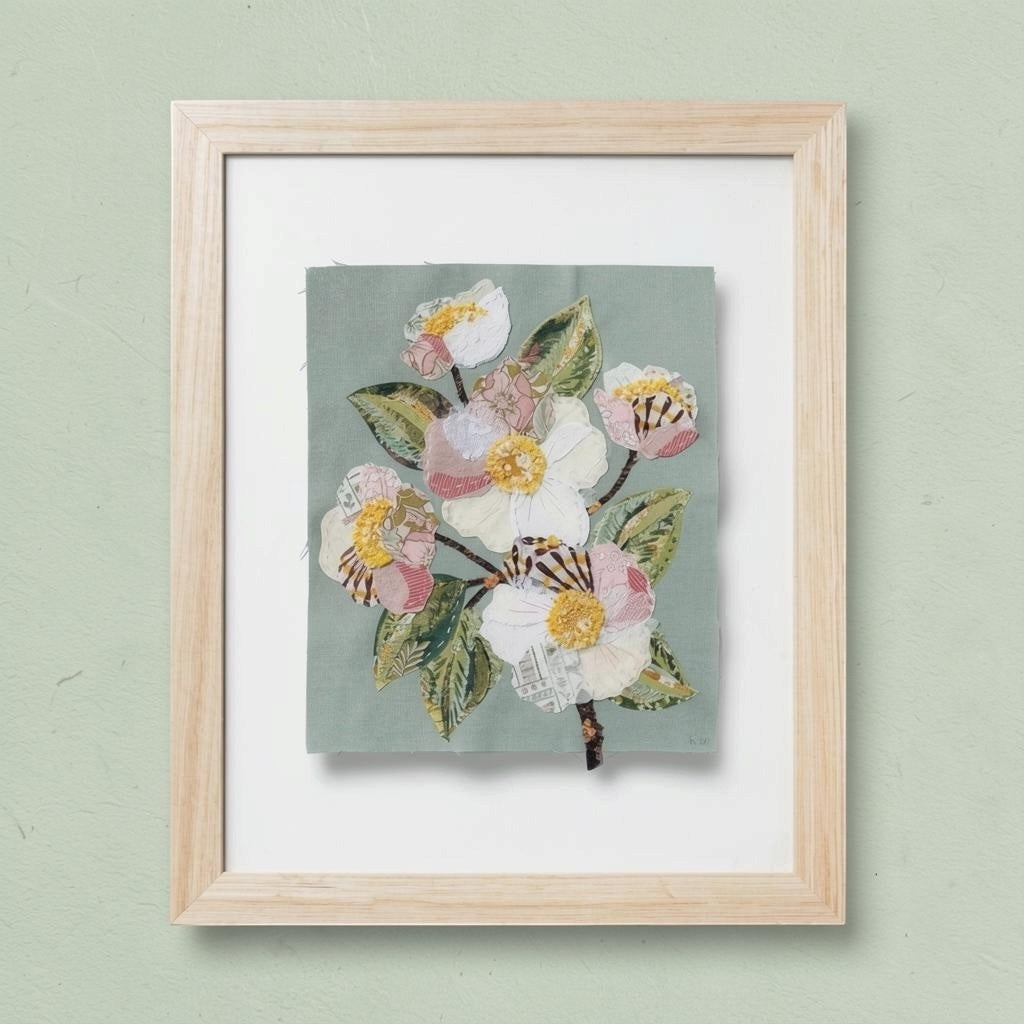 Patchwork with Busyfingers Sweet Grace slow stitching kit featuring floral fabric applique on duck egg blue linen