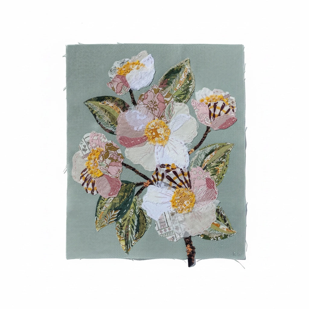 Patchwork with Busyfingers Sweet Grace slow stitching kit featuring floral fabric applique on duck egg blue linen.