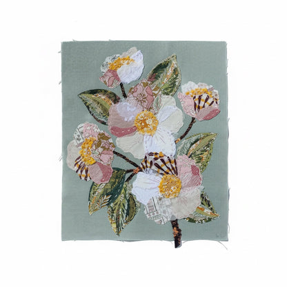 Patchwork with Busyfingers Sweet Grace slow stitching kit featuring floral fabric applique on duck egg blue linen.