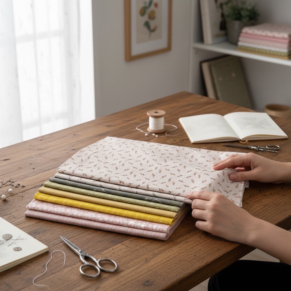 Hands arranging a Patchwork with Busyfingers Threads of Grace 8pc cotton fabric bundle on a wooden table.