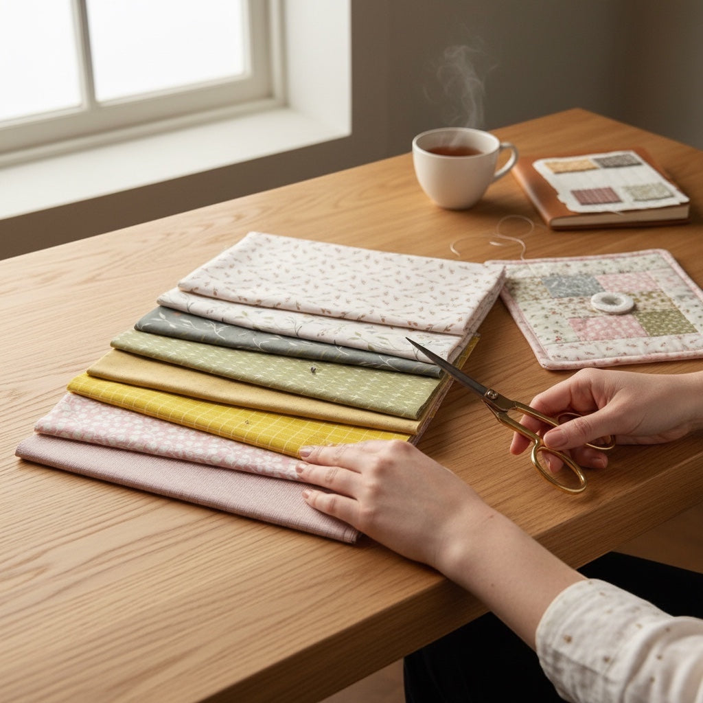 Patchwork with Busyfingers Threads of Grace 8pc cotton fabric bundle in soft floral and grid patterns for quilting.