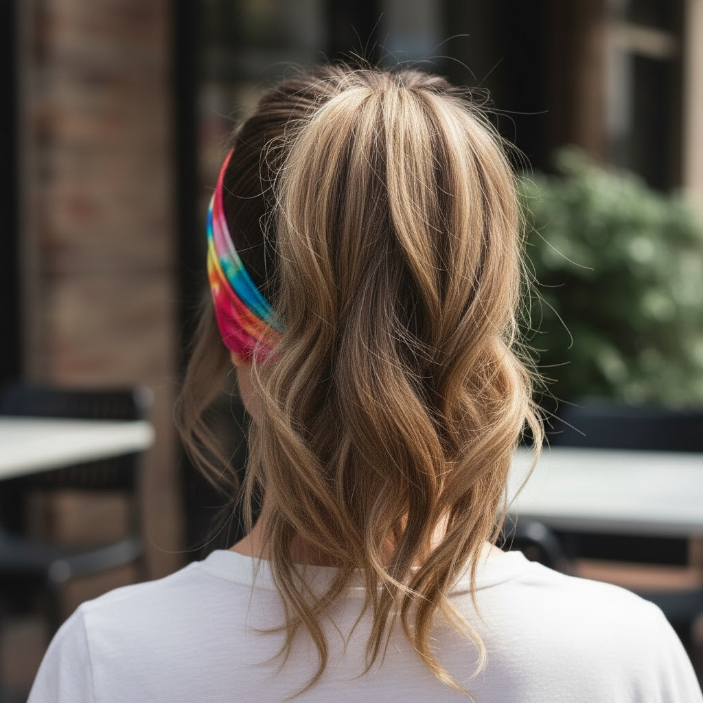 Patchwork with Busyfingers abstract floral bandeau headband in pink, yellow, blue, and green tie-dye pattern.