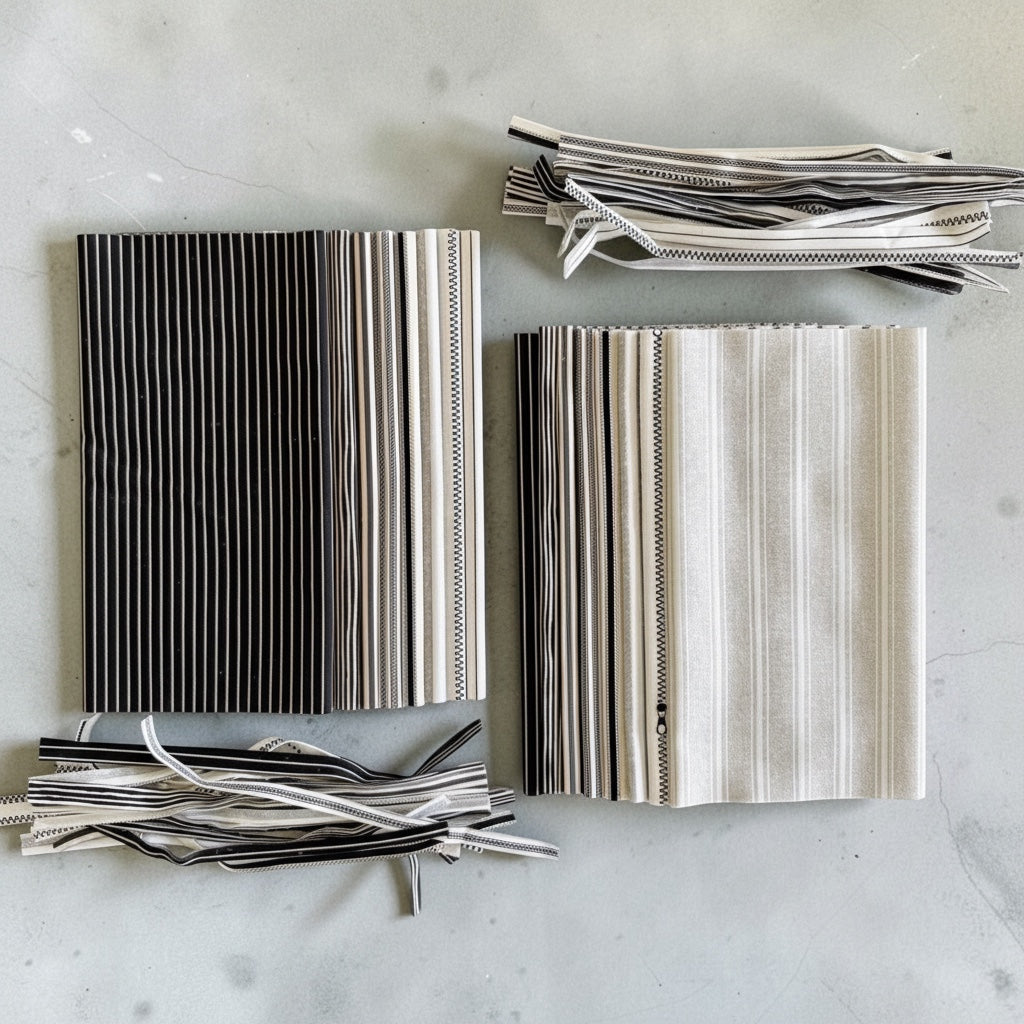 Patchwork with Busyfingers 8-piece cotton fabric fat eighth pack featuring assorted black and white tonal stripe prints.
