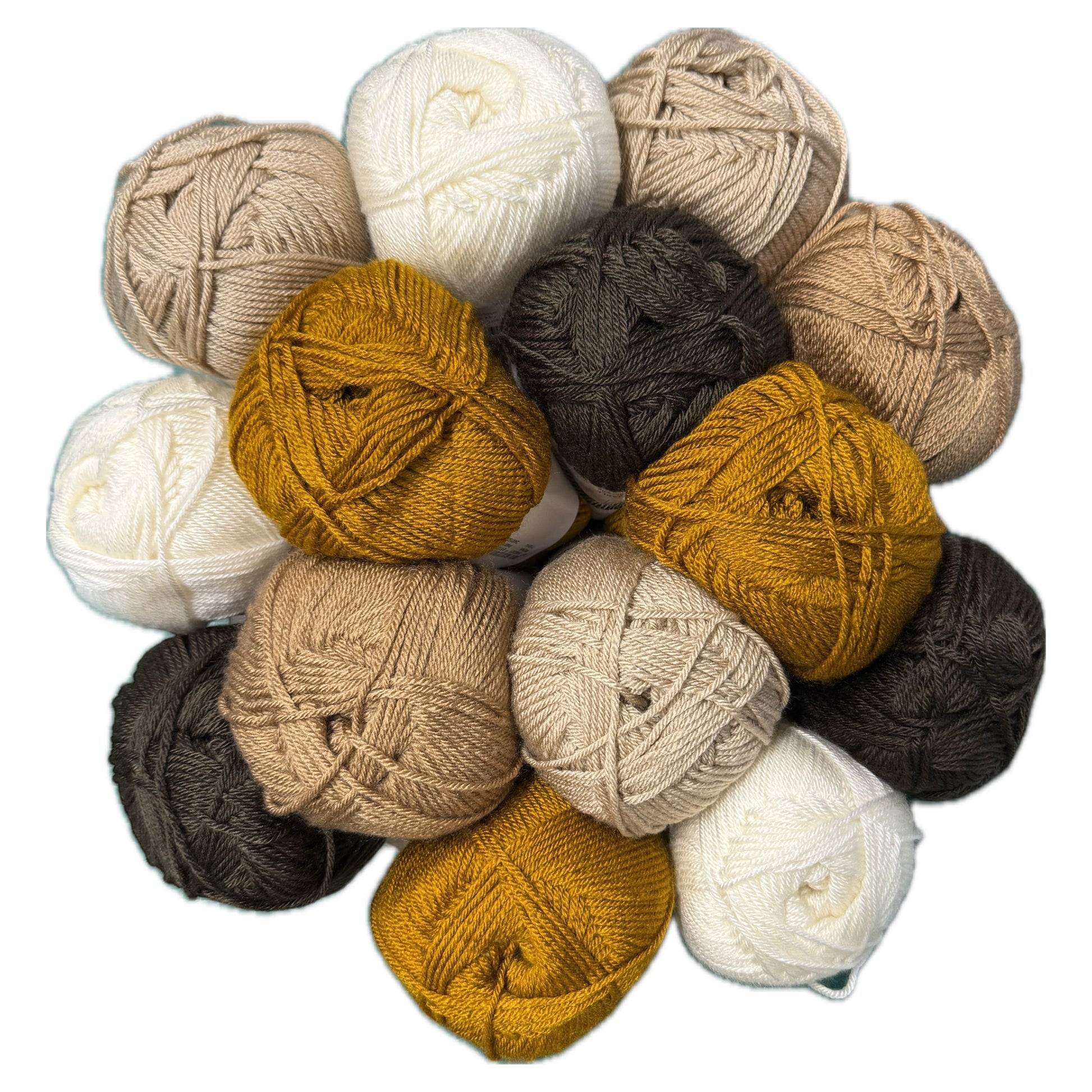 Patchwork with Busyfingers Truffle & Toast yarn set in cream, latte, caramel, copper, and chocolate. 100% anti-pilling acrylic yarn.