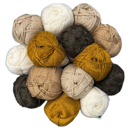 Patchwork with Busyfingers Truffle & Toast yarn set in cream, latte, caramel, copper, and chocolate. 100% anti-pilling acrylic yarn.
