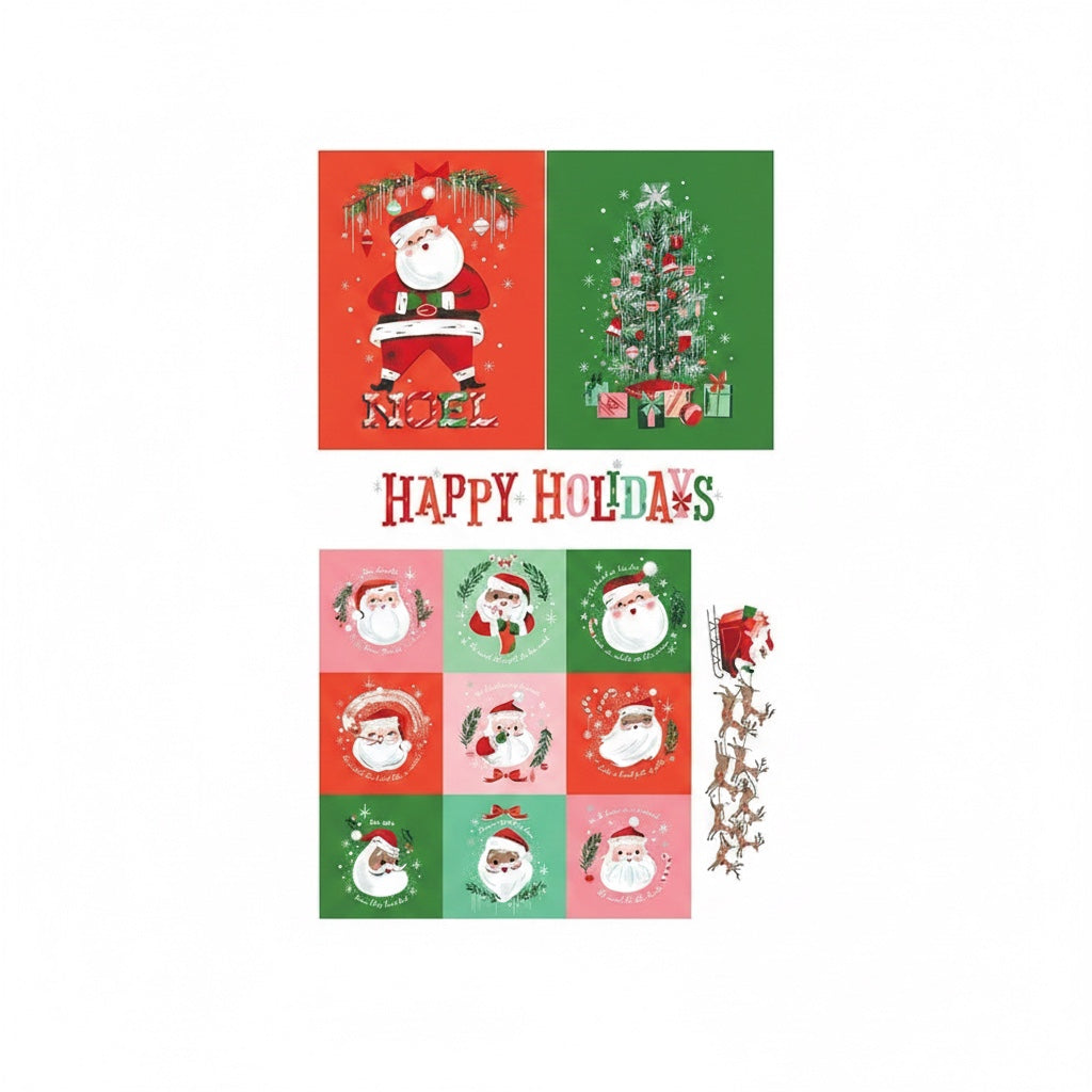 Patchwork with Busyfingers Twas Holidays fabric panel featuring Santa Claus, Christmas trees, and festive motifs.