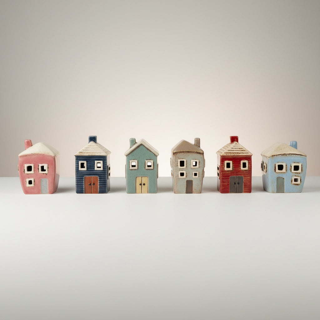 Patchwork with Busyfingers Grand Village Estate ceramic houses set in pink, blue, grey, and red with artisanal glazes.
