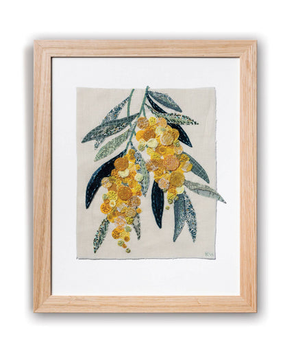 Patchwork with Busyfingers Wattle Glow slow stitching kit featuring a framed floral embroidery of golden wattle.