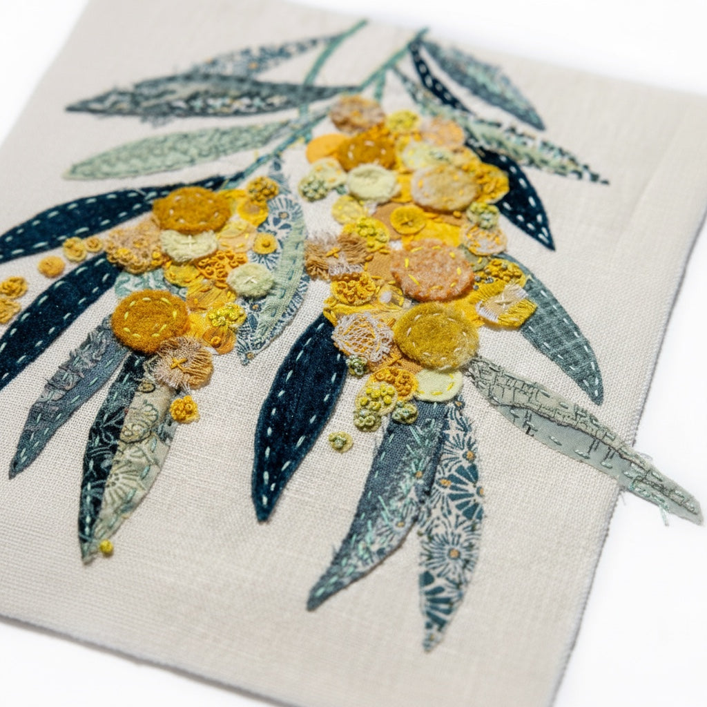 Patchwork with Busyfingers Wattle Glow slow stitching kit featuring textured yellow floral embroidery on linen fabric