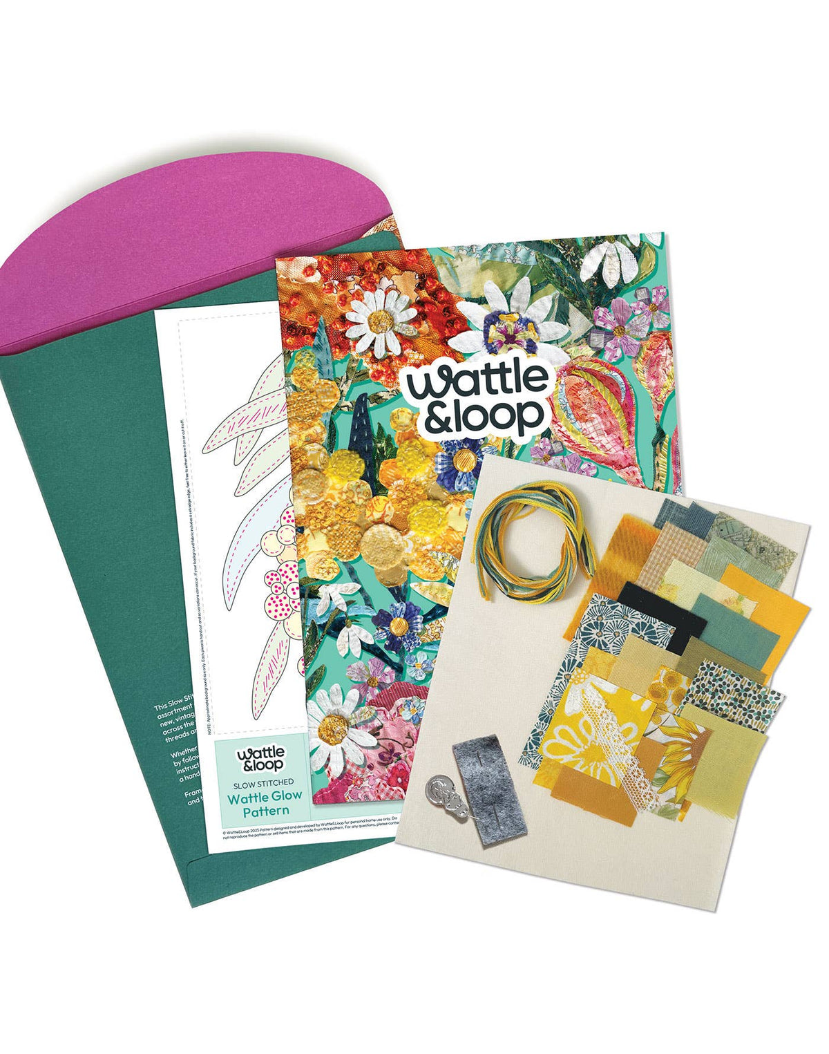 Patchwork with Busyfingers Wattle Glow slow stitching kit with floral pattern, curated fabric scraps, and threads.