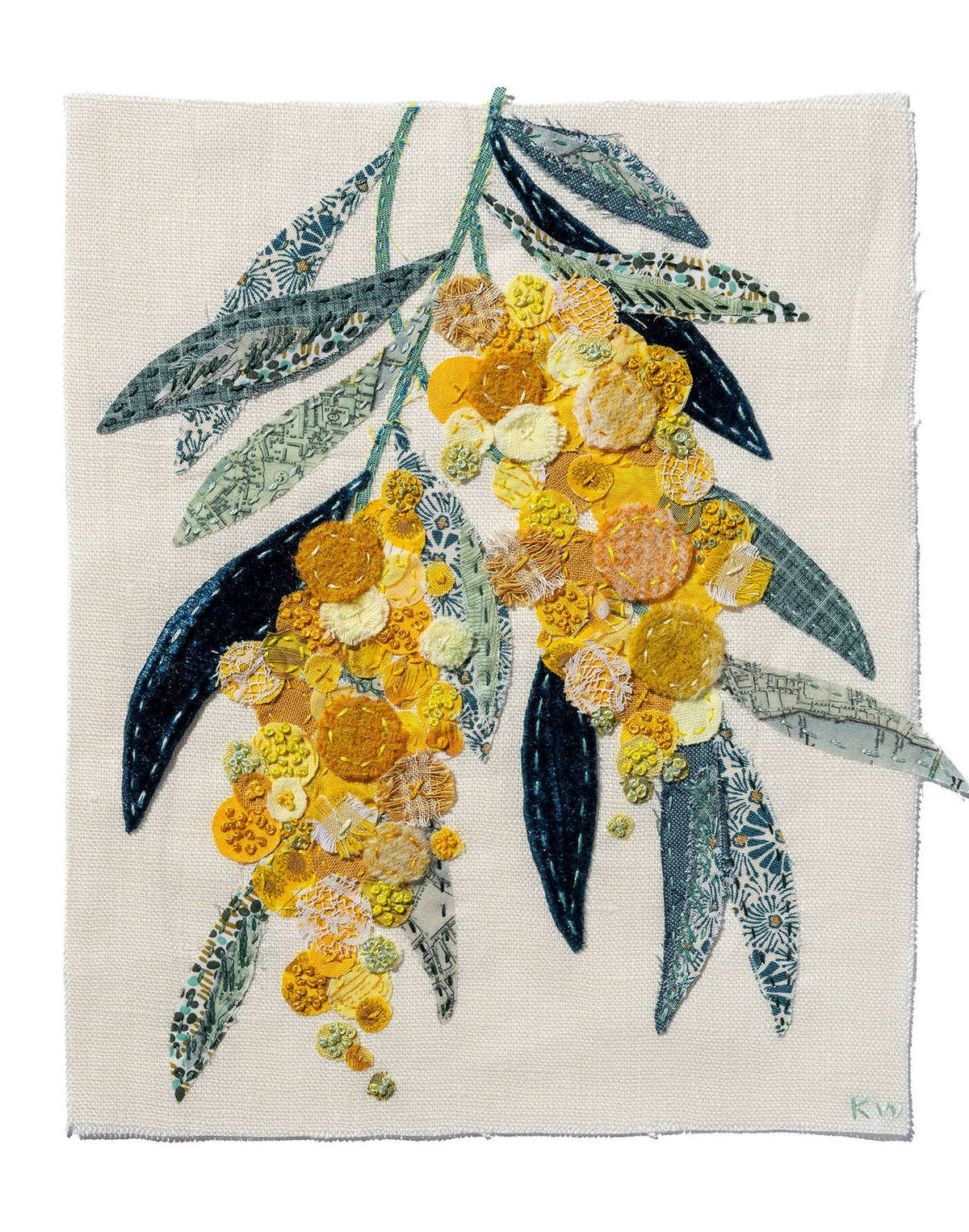 Patchwork with Busyfingers Wattle Glow slow stitching kit featuring golden floral applique on cream fabric