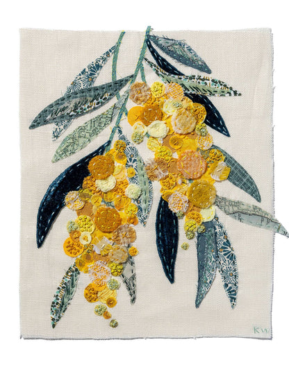 Patchwork with Busyfingers Wattle Glow slow stitching kit featuring golden floral applique on cream fabric