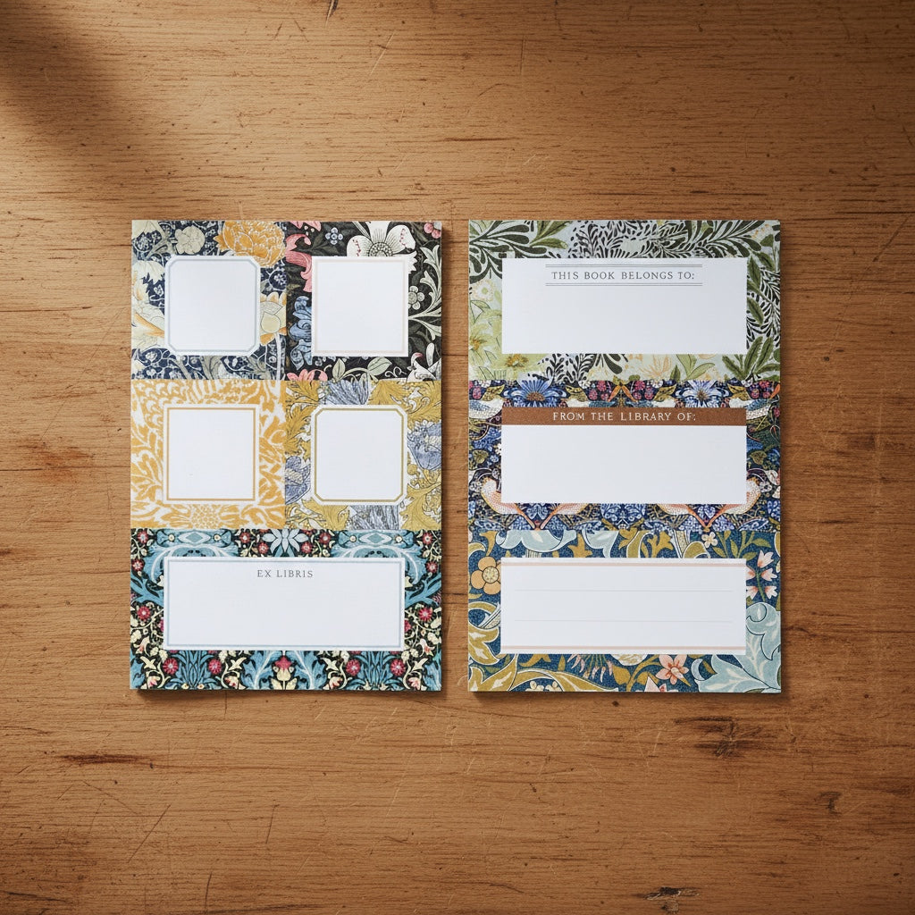 Patchwork with Busyfingers William Morris Book of Labels featuring floral designs and spaces for 'This book belongs to:' and 'From the library of:'