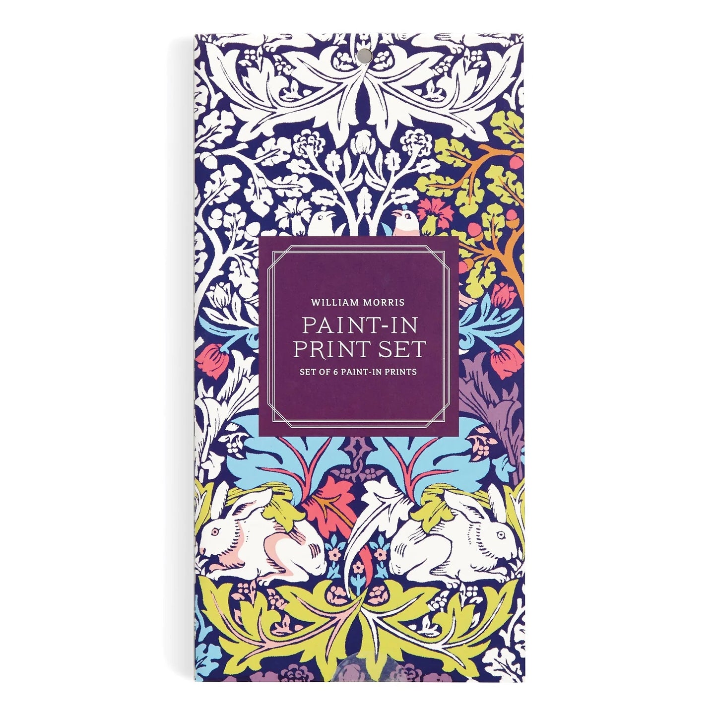 Patchwork with Busyfingers William Morris Paint-in Print Set featuring a vibrant floral and rabbit pattern. Set of 6 prints.