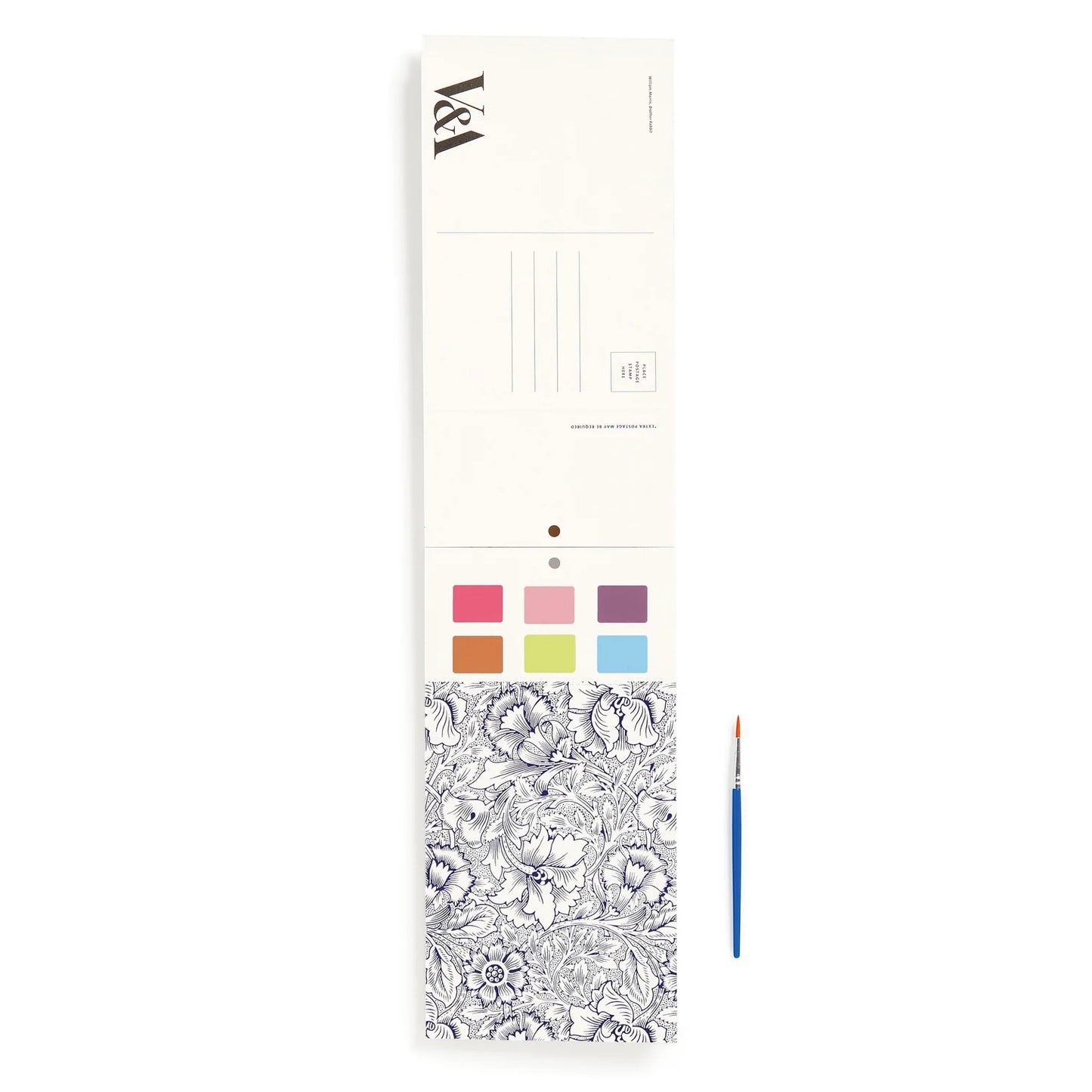 Patchwork with Busyfingers William Morris Paint in Print set featuring a postcard with V&A logo, six paint squares, and a floral pattern, with a paintbrush.