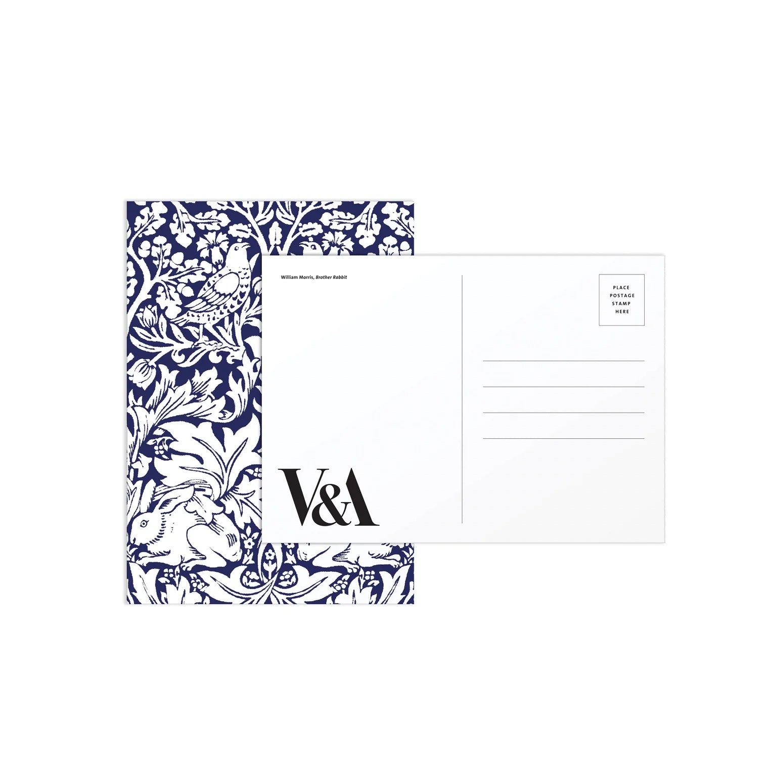Patchwork with Busyfingers William Morris Brother Rabbit blue and white floral print postcard set.