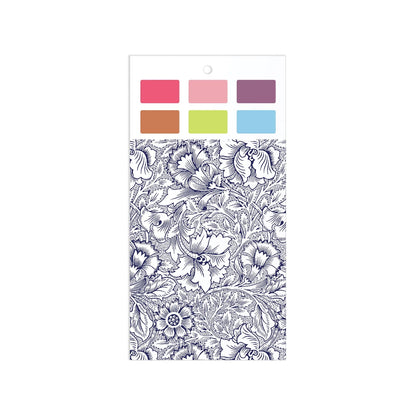 Patchwork with Busyfingers William Morris Paint in Print set featuring a navy floral pattern and six colored squares.