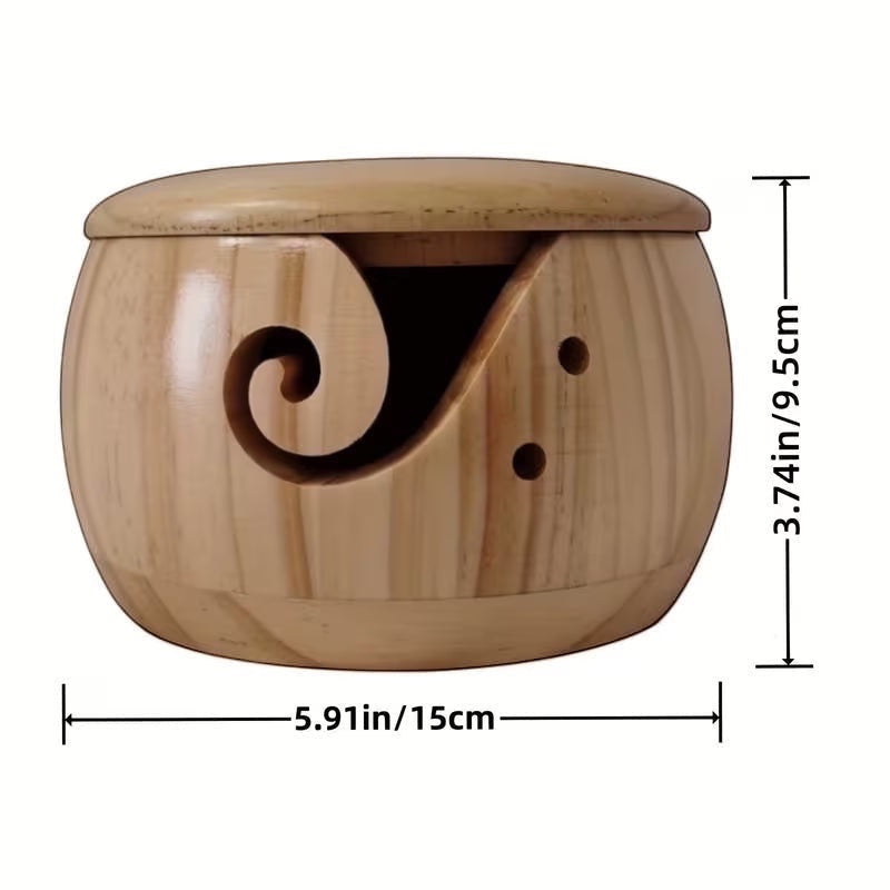 Patchwork with Busyfingers wooden yarn bowl with removable lid, yarn guide slit, and knitting needle storage holes.