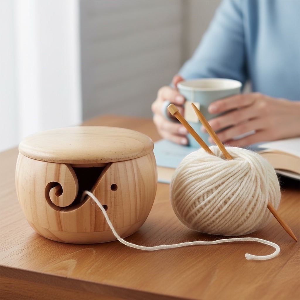 Patchwork with Busyfingers wooden yarn bowl with lid, yarn guide slit, and needle holes on a table with yarn ball.