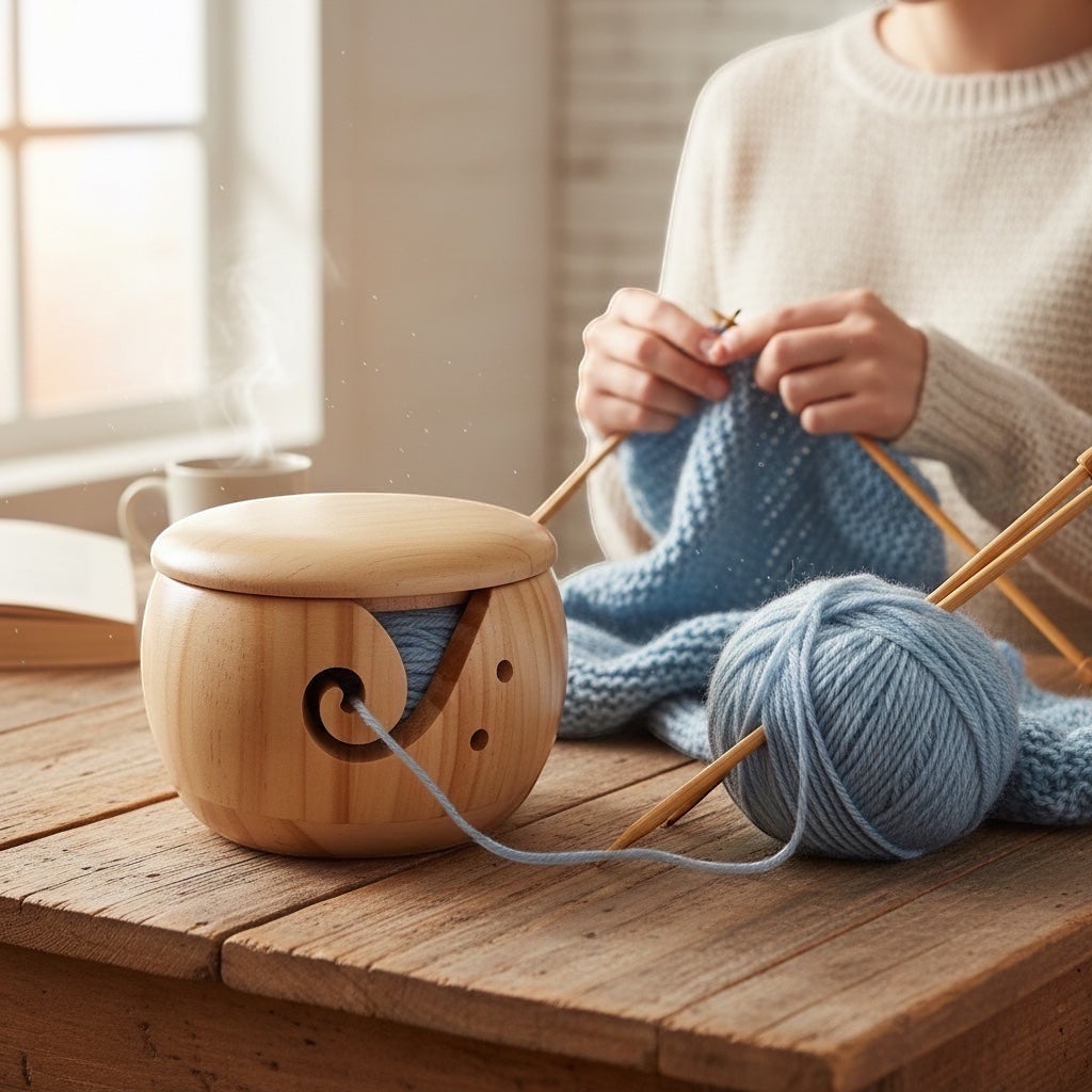 Patchwork with Busyfingers wooden yarn bowl with lid and needle holes, holding blue yarn on a rustic table.