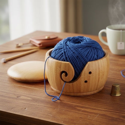Patchwork with Busyfingers wooden yarn bowl with blue yarn, removable lid, and needle storage on a wooden table.