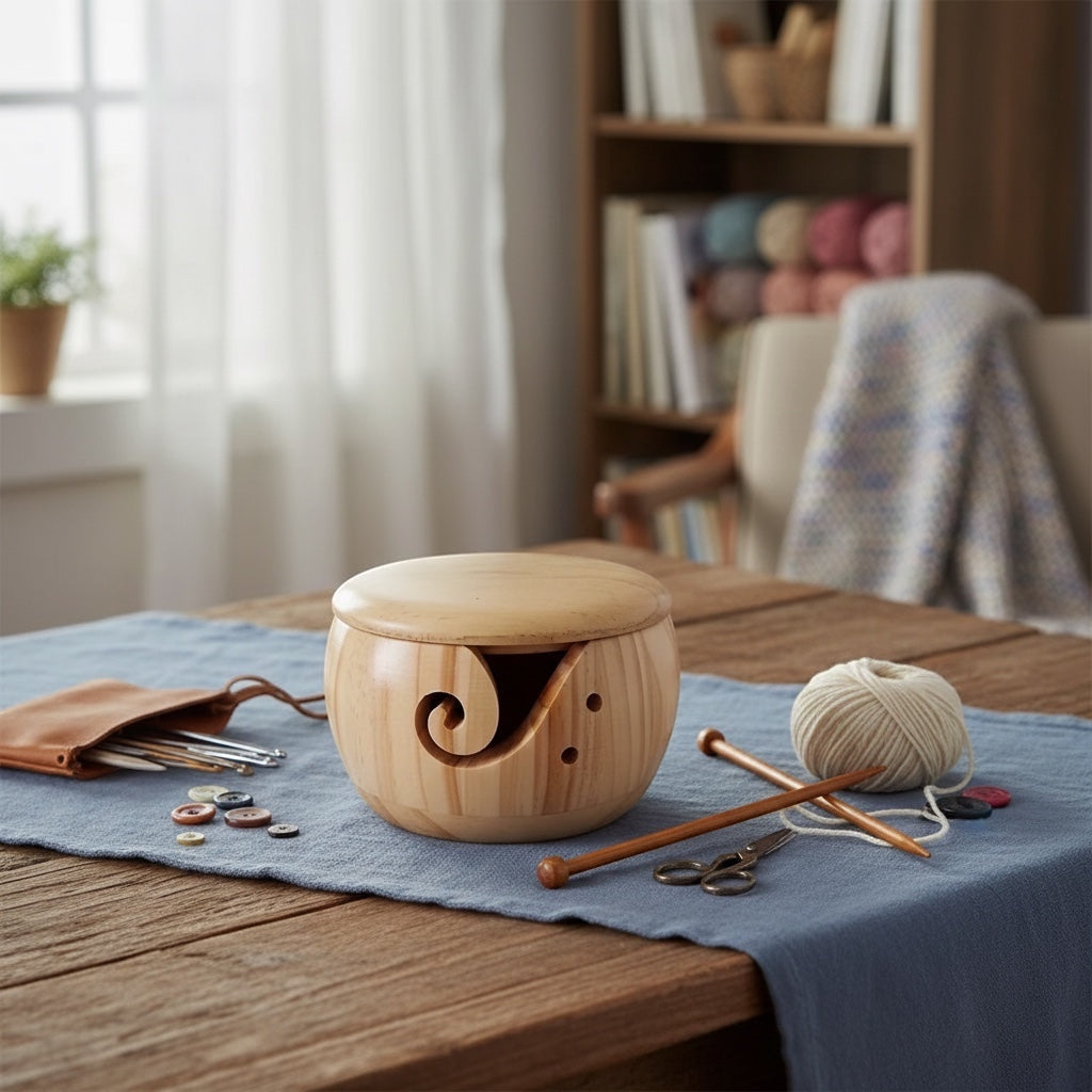 Patchwork with Busyfingers wooden yarn bowl with lid, yarn guide slit, and needle holes on a rustic table.