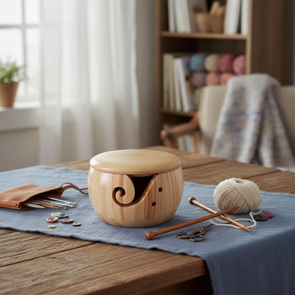 Patchwork with Busyfingers wooden yarn bowl with lid, yarn guide slit, and needle holes on a rustic table.