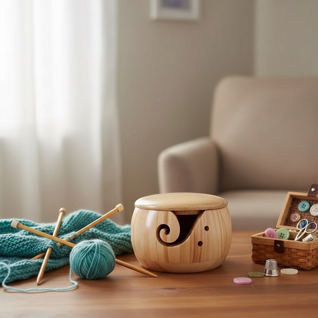 Patchwork with Busyfingers wooden yarn bowl with lid, yarn guide slit, and needle holes on a table with knitting.