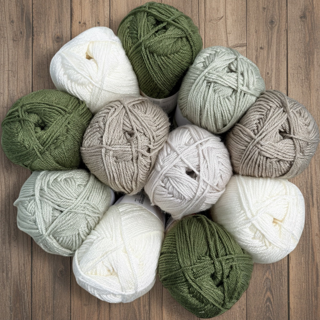 Patchwork with Busyfingers Woodland Whispers Yarn Set in khaki, cream, natural, taupe, and sage. 100% anti-pilling acrylic yarn.