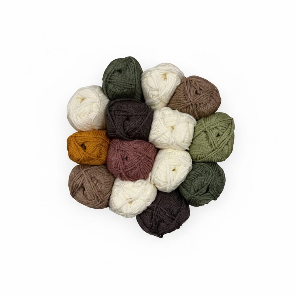 Patchwork with Busyfingers Gumleaf & Granite Wool Yarn Set: 28 balls of 8ply Australian Merino wool in white, toffee, forest green, rock grey, mustard, musk, and leaf green.