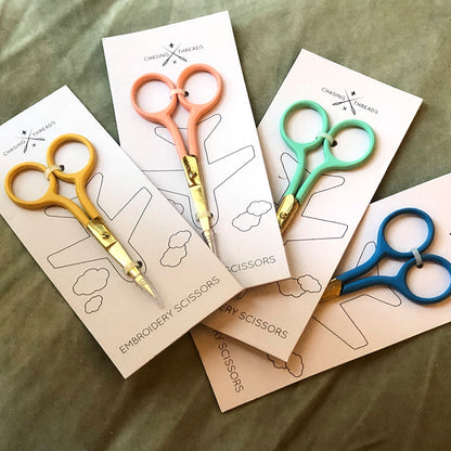 Patchwork with Busyfingers yellow embroidery scissors with gold finish blades and pointed tips for precise cutting of threads.