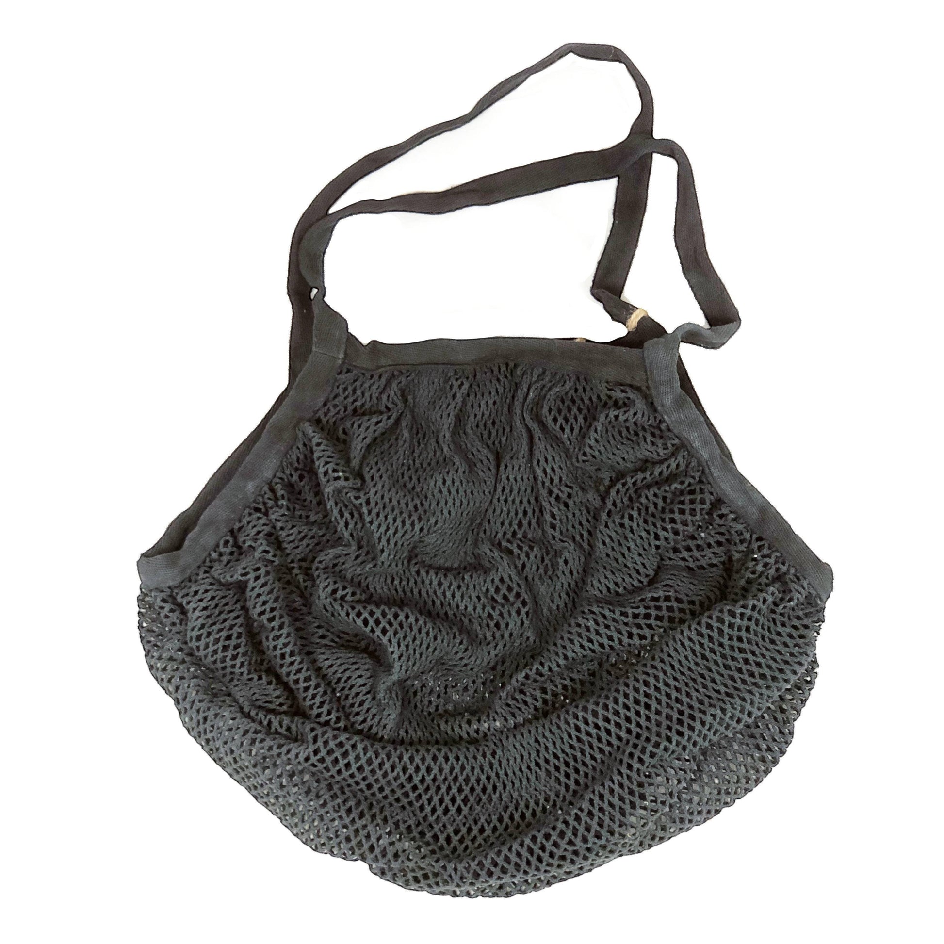 Patchwork with Busyfingers black 100% cotton crescent net bag with long handles, folds into pouch.