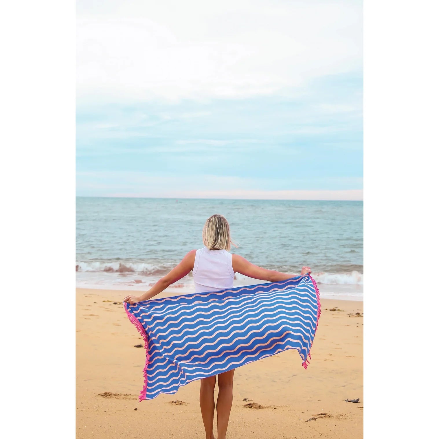 Patchwork with Busyfingers blue and pink striped quick dry microfibre beach towel with tassels