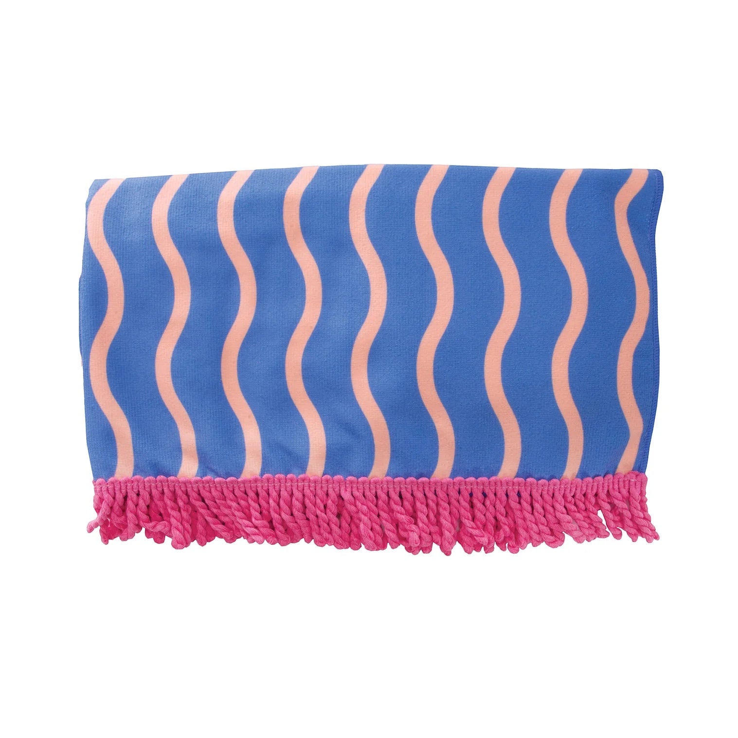 Patchwork with Busyfingers blue microfibre beach towel with wavy coral stripes and pink tassels