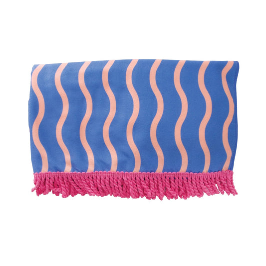 Patchwork with Busyfingers blue microfibre beach towel with wavy coral stripes and pink tassels
