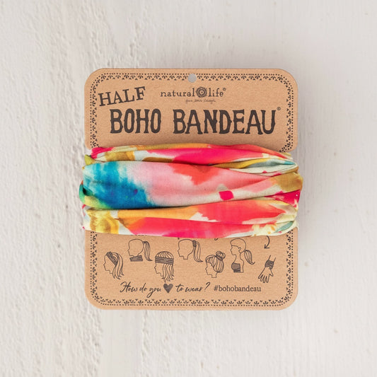 Patchwork with Busyfingers Boho Bandeau in abstract floral print with pink, yellow, blue, and green colors. Versatile accessory for hair or wrist.
