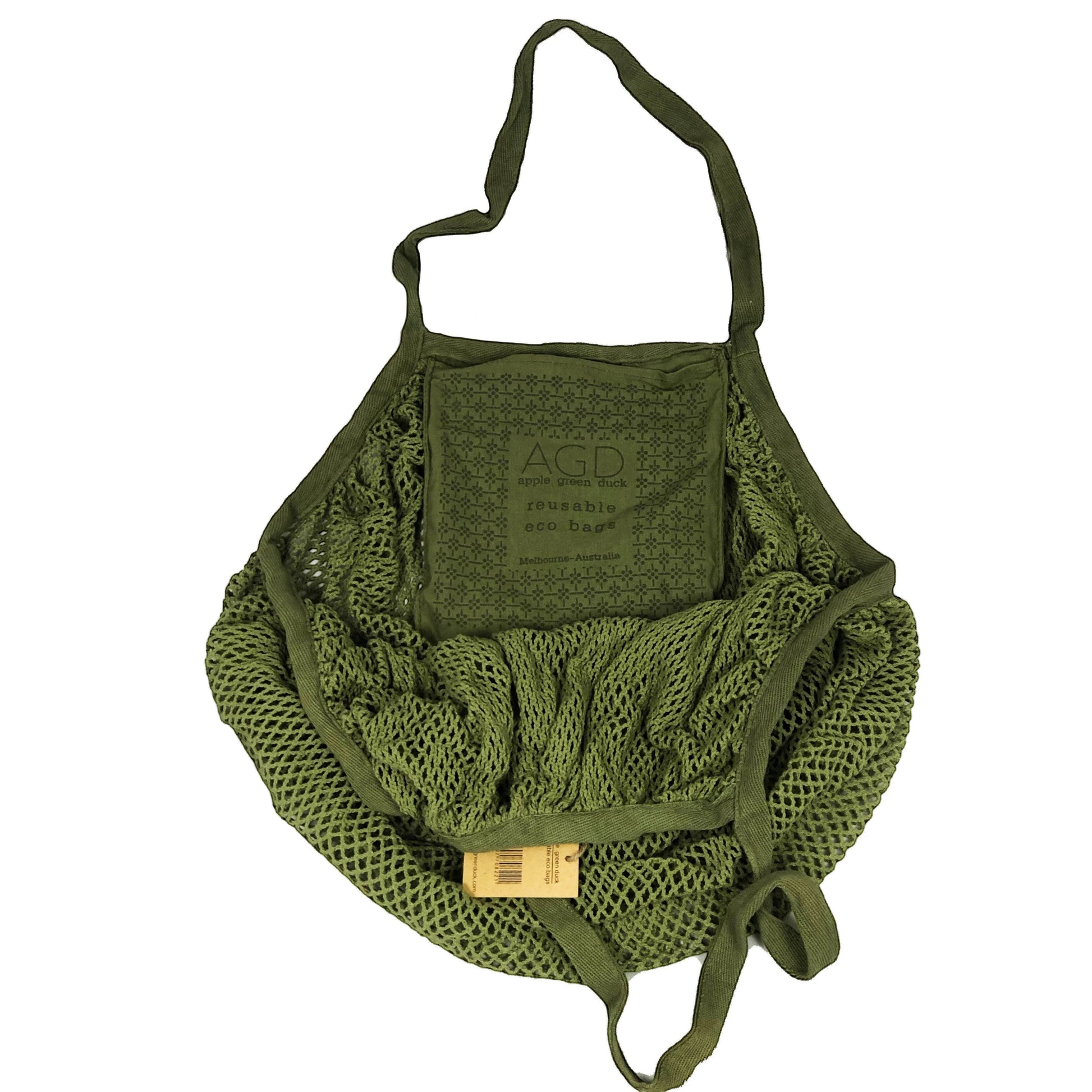 Patchwork with Busyfingers forest green 100% cotton crescent net bag with long handles and a small pouch.