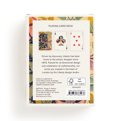 Patchwork with Busyfingers playing card deck featuring Liberty Archive floral designs. Includes Jack of Clubs and 5 of Hearts.
