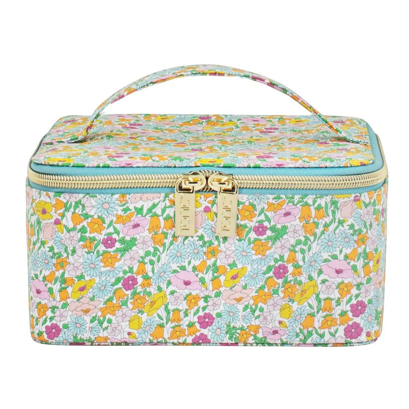 Patchwork with Busyfingers Large Jewellery Cube in Liberty floral print with blue trim and gold zips. Perfect for travel.