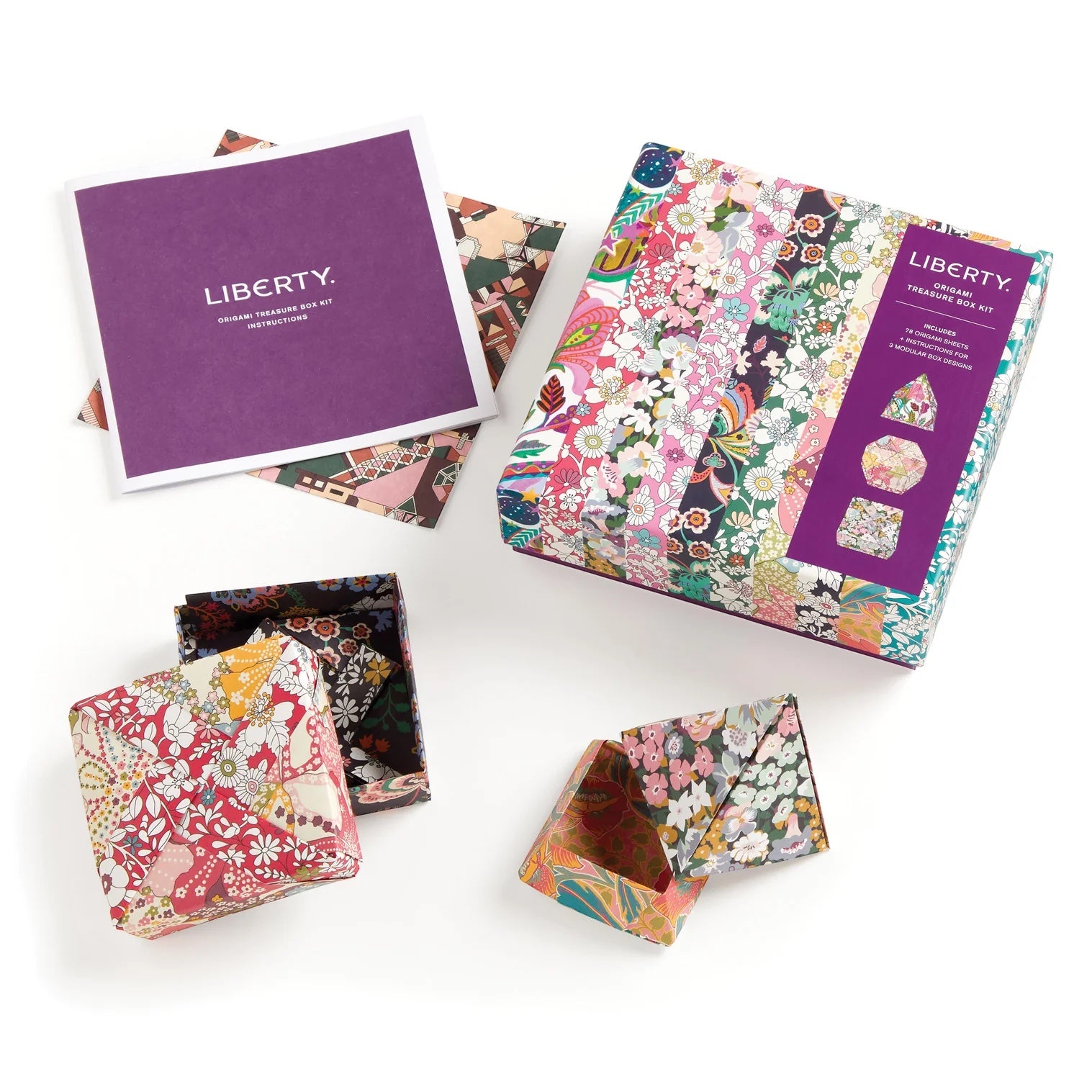 Patchwork with Busyfingers Liberty Origami Treasure Box Kit with floral print paper and instructions.